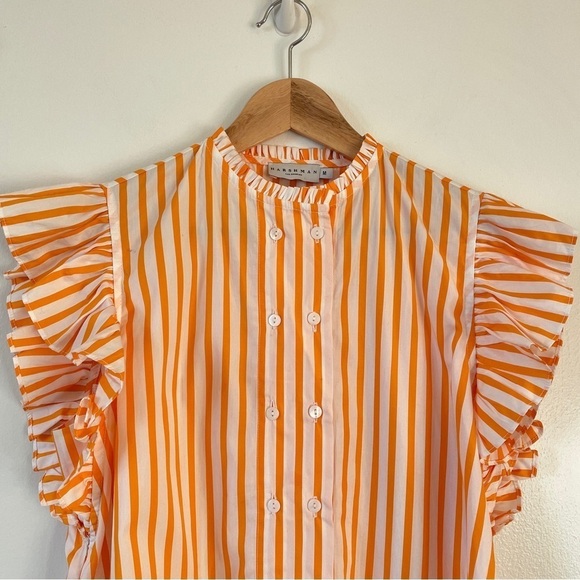 Anthropologie Harshman Striped Ruffle Short Sleeve Top Orange White Cotton M - Picture 5 of 8